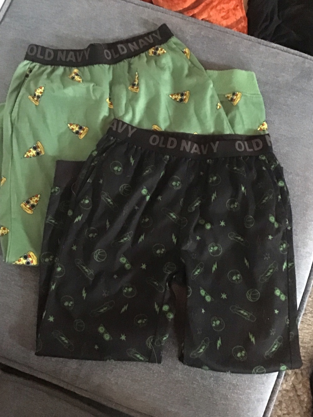 Old Navy 2 piece Boys Pajama Bottoms- Green Pizza & Black Neon Skate Prints